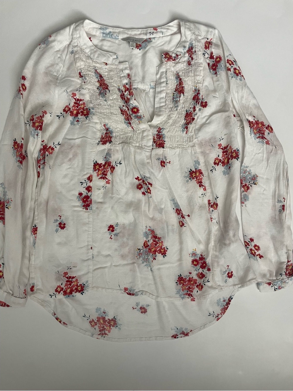Lucky Brand Floral Peasant Blouse Small White Red Long Sleeve Boho